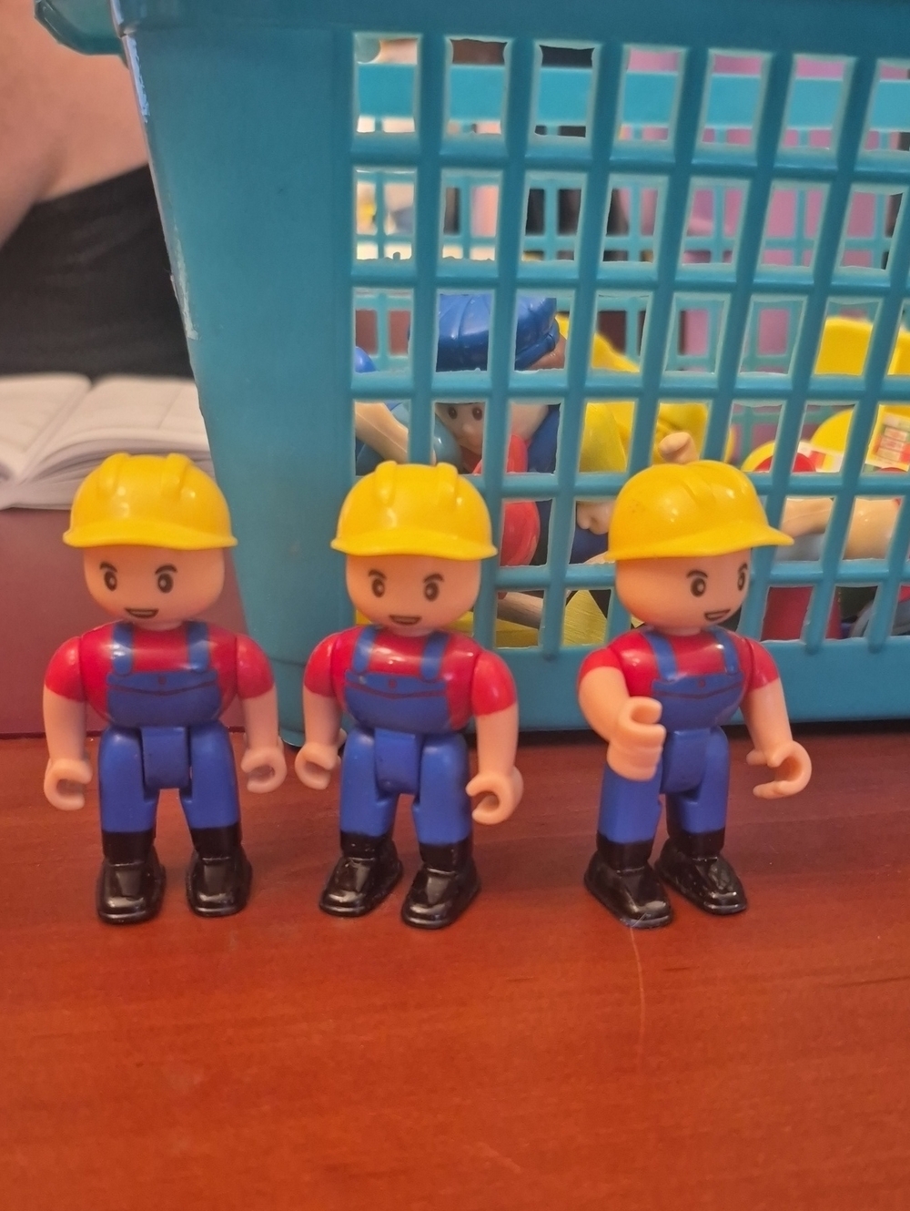 Set of 3 Construction Worker Toy Figures - Yellow Helmets, Red & Blue Outfits